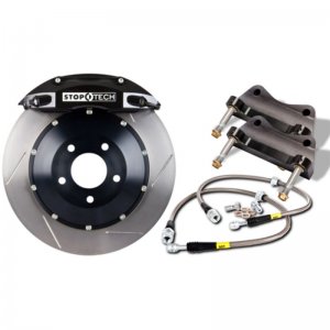 Subaru Impreza Brake Kit - Front - Stoptech - Slotted Two-Piece Rotors + Street Performance Pads + Black Calipers - Black - `08-`12