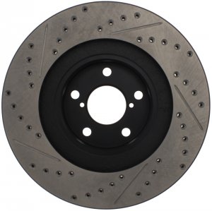 Subaru Impreza Brake Rotor (1) - Front Right - Stoptech - Slotted & Drilled - Black E-Coated - `02-`08