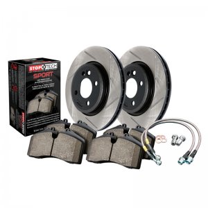 Dodge Challenger Brake Kit - Front - Stoptech - Slotted Rotors + Sport Pads + Stainless Steel Hoses - Black - `13-`16