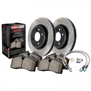 Dodge Challenger Brake Kit - Front - Stoptech - Slotted Rotors + Sport Pads + Stainless Steel Hoses - Black - `13-`19