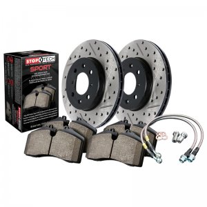 Dodge Challenger Brake Kit - Front - Stoptech - Slotted/Drilled Rotors + Sport Pads + Stainless Steel Lines - Black - `13-`19