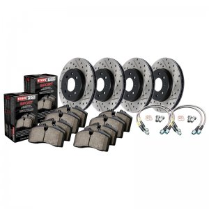 Dodge Challenger Brake Kit - Front + Rear - Stoptech - Slotted/Drilled Rotors + Sport Pads + Stainless Steel Lines - Black - `14-`15