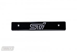 Subaru WRX License Plate Relocation - Turbo XS - Billet Aluminum with Machined STi Logo - Black - `08-`14