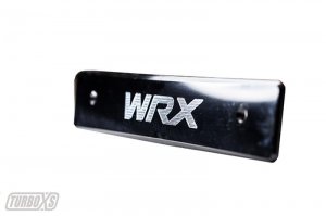 Subaru WRX License Plate Relocation - Turbo XS - Billet Aluminum, Machined WRX Logo - Black - `08-`14