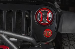 Jeep Wrangler JK Headlight Euro Guards - Rugged Ridge - Elite - Red - `07-`18