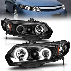 Honda Civic Projector Headlights - ANZO - W/ Halo, Clear Lens, CCFL - Black - `06-`11