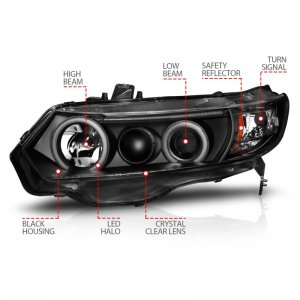 Honda Civic Projector Headlights - ANZO - W/ Halo, Clear Lens, CCFL - Black - `06-`11