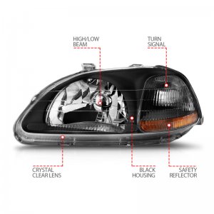 Honda Civic Crystal Headlights - ANZO - Clear Lens, Black Housing - Black - `96-`98