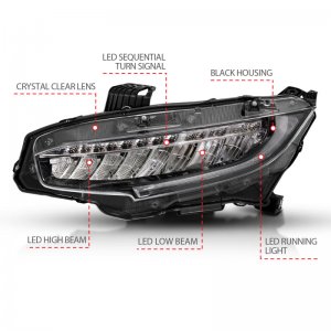Honda Civic Projector Headlights - ANZO - Plank Style w/Sequential Turn Signal - Black w/Amber - `16-`17