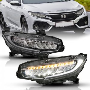 Honda Civic Projector Headlights - ANZO - Plank Style w/Sequential Turn Signal - Black w/Amber - `16-`17