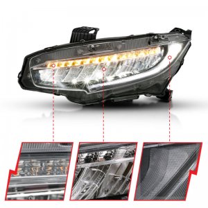 Honda Civic Projector Headlights - ANZO - Plank Style w/Sequential Turn Signal - Black w/Amber - `16-`17