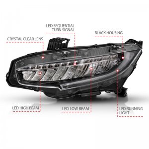 Honda Civic Projector Headlights - ANZO - Plank Style w/Sequential Turn Signal - Black w/Amber - `16-`17