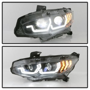 Honda Civic Headlight - SPYDER - LED + Sequential Turn Signal - Black - `16-`18