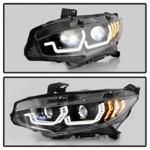 Honda Civic Headlight - SPYDER - LED + Sequential Turn Signal - Black - `16-`18