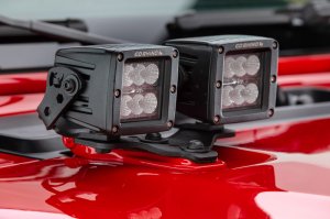 Jeep Gladiator Light Mounts - Hood Hinge - Go Rhino - Two 3in Cubes - Textured Black - `18-`20