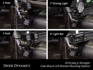 Jeep Gladiator LED Light Bars - Diode Dynamics - SS6 Cowl LED Bracket Kit - White - `18-`21