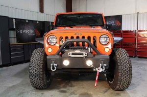 Jeep Wrangler JK Front Winch Bumper - Front - Fishbone Offroad - Stubby, W/Tube Guard - Black - `07-`18