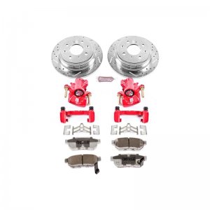 Honda Civic Brake Kit - Rear - PowerStop - Drilled & Slotted Rotors + Carbon-Fiber Ceramic Pads + Powder Coated Calipers - `92-`00