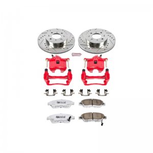 Honda Civic Brake Kit - Front - PowerStop - Drilled & Slotted Rotors + Carbon-Fiber Ceramic Pads + Powder Coated Calipers - `93-`95