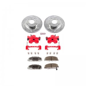 Honda Civic Brake Kit - Front - PowerStop - Drilled & Slotted Rotors + Carbon-Fiber Ceramic Pads + Powder Coated Calipers - `90-`00