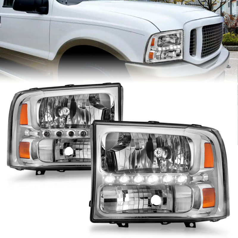 Ford Excursion Headlights - ANZO - Crystal, Clear Lens, LED - Chrome - `00-`04