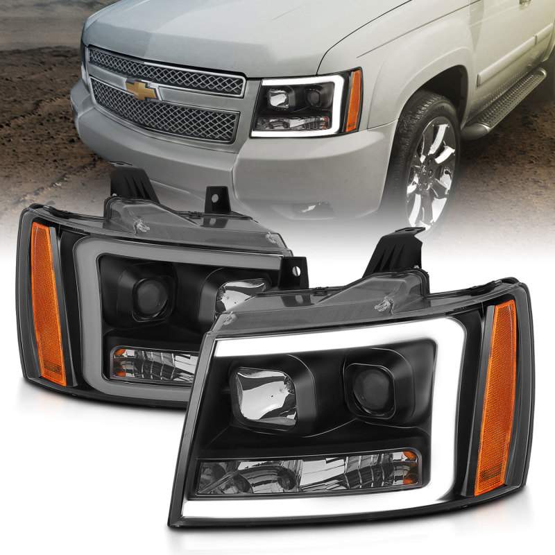 Chevrolet Tahoe Headlight Set - ANZO - Projector w/ Plank Style Switchback - Black w/ Amber - `07-`14 Chevrolet Tahoe Headlight Set - ANZO - Projector w/ Plank Style Switchback - Black w/ Amber - `07-`14