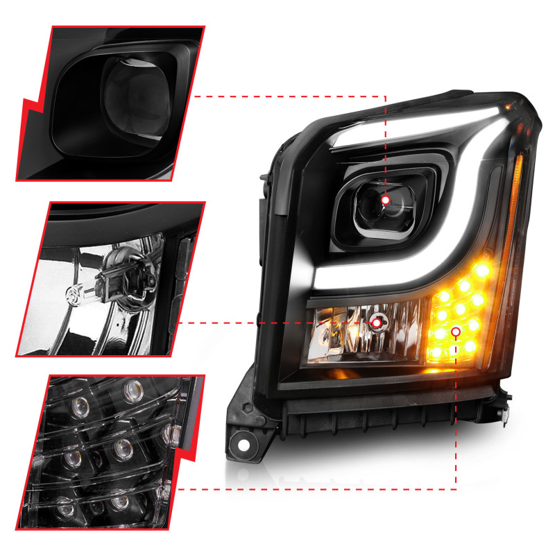GMC Yukon XL Headlights - ANZO - LED/Projector w/ Light Bars - Black Housing/Clear Lens - `15-`17