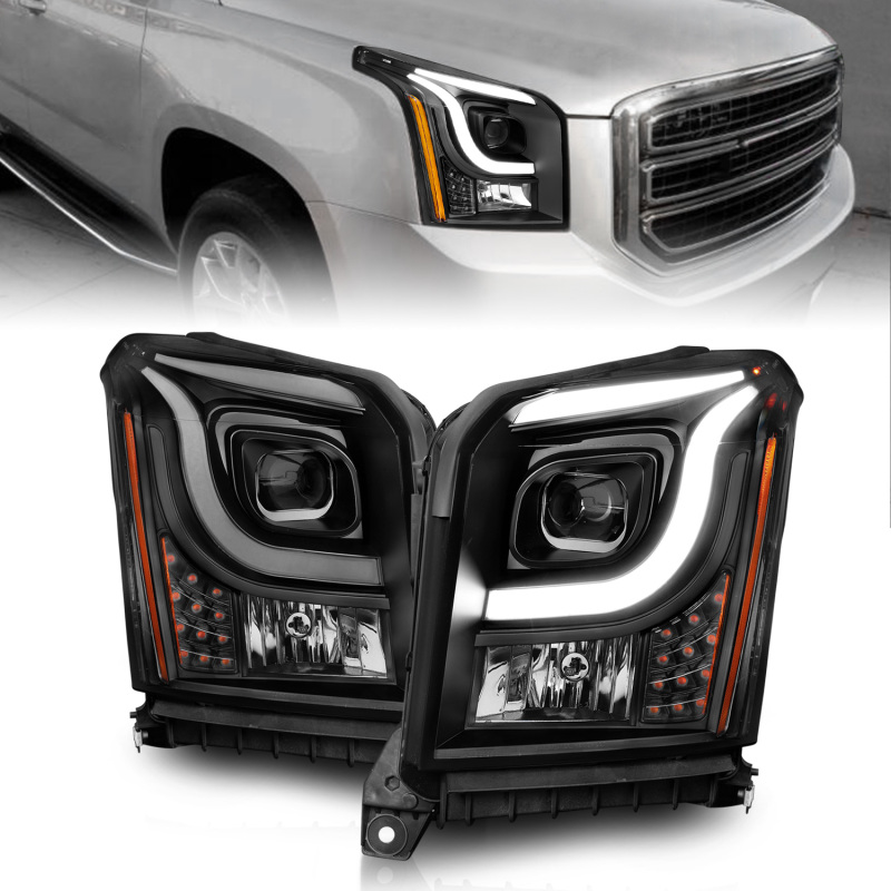GMC Yukon XL Headlights - ANZO - LED/Projector w/ Light Bars - Black Housing/Clear Lens - `15-`17