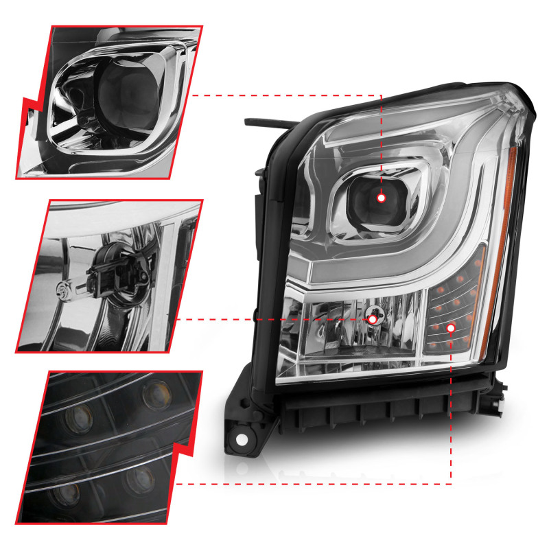 GMC Yukon XL LED/Projector Headlights - ANZO - W Lightbar, Plank Style, Black Housing, Clear Lens - Chrome/Amber - `15-`17