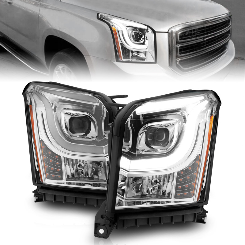 GMC Yukon XL LED/Projector Headlights - ANZO - W Lightbar, Plank Style, Black Housing, Clear Lens - Chrome/Amber - `15-`17