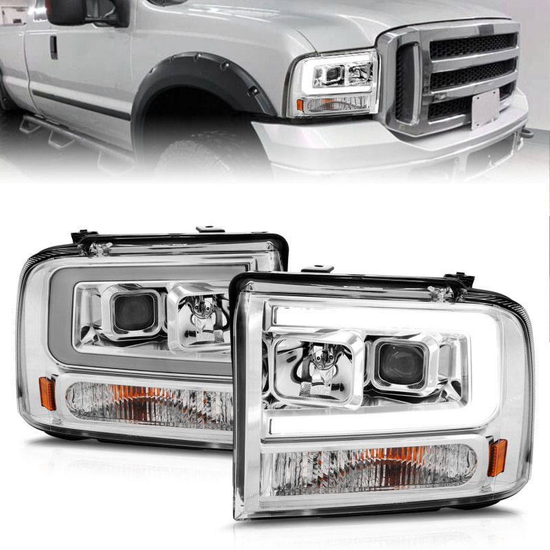 Ford Excursion LED/Projector Headlights - ANZO - w/Light Bar - Chrome - `00-`04