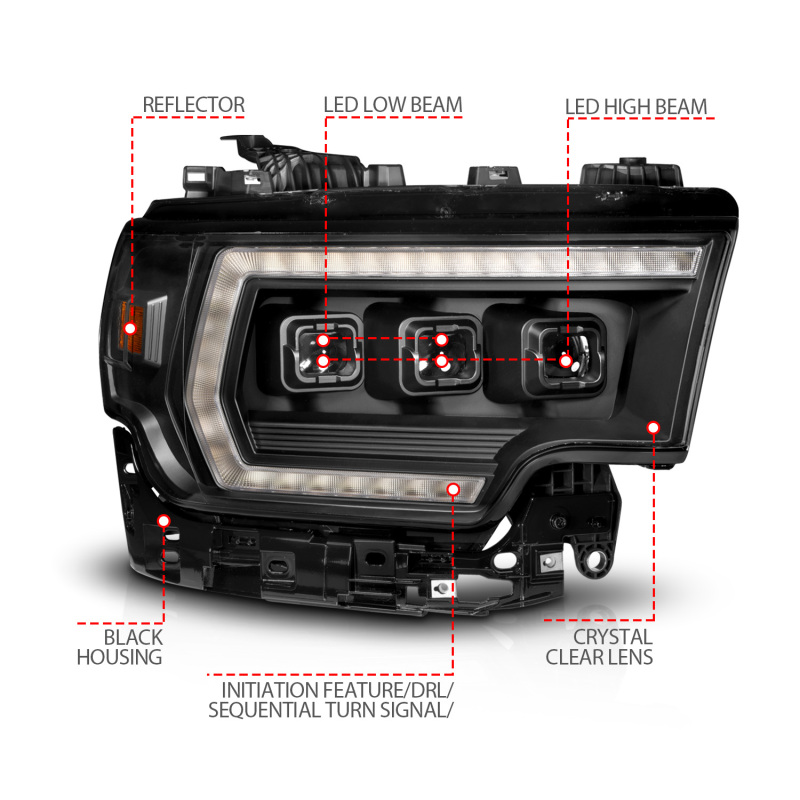 RAM 3500 Headlight - Passenger Side - ANZO - Z-Series Full LED Projector DRL/Init/SeqSig - `19-`24