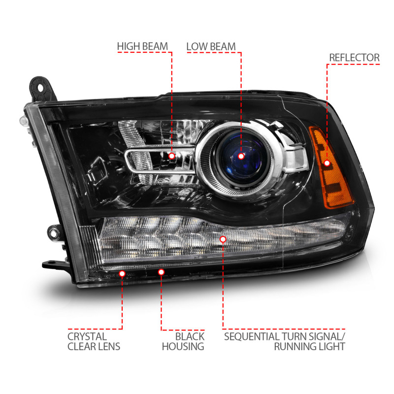 Dodge 3500 LED/Projector Headlights - ANZO - Plank Style + Switchback + Sequential - Hyper Black - `09-`18