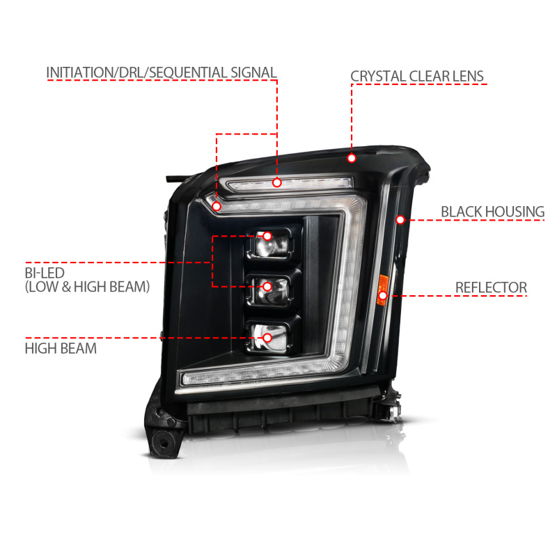 GMC Yukon XL LED/Projector Headlight - Driver Side - ANZO - Full LED - Black - `15-`20