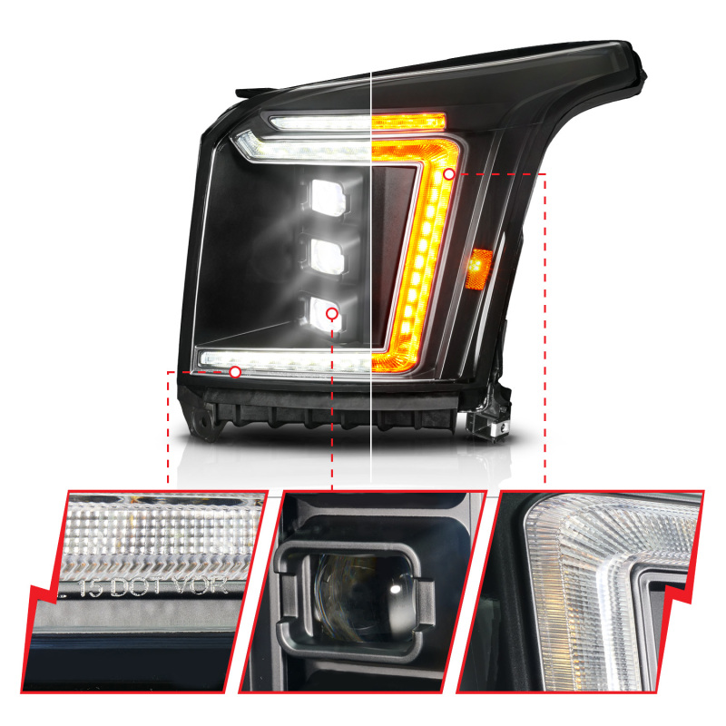GMC Yukon XL LED/Projector Headlight - Driver Side - ANZO - Full LED - Black - `15-`20