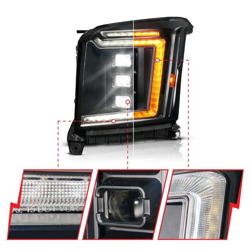 GMC Yukon XL LED/Projector Headlight - Driver Side - ANZO - Full LED - Black - `15-`20