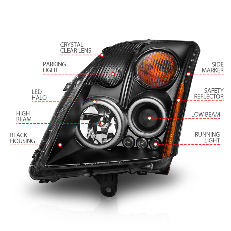 Nissan Sentra Projector Headlights - ANZO - w/Halo, Clear Lens, Black Housing - Black - `07-`12