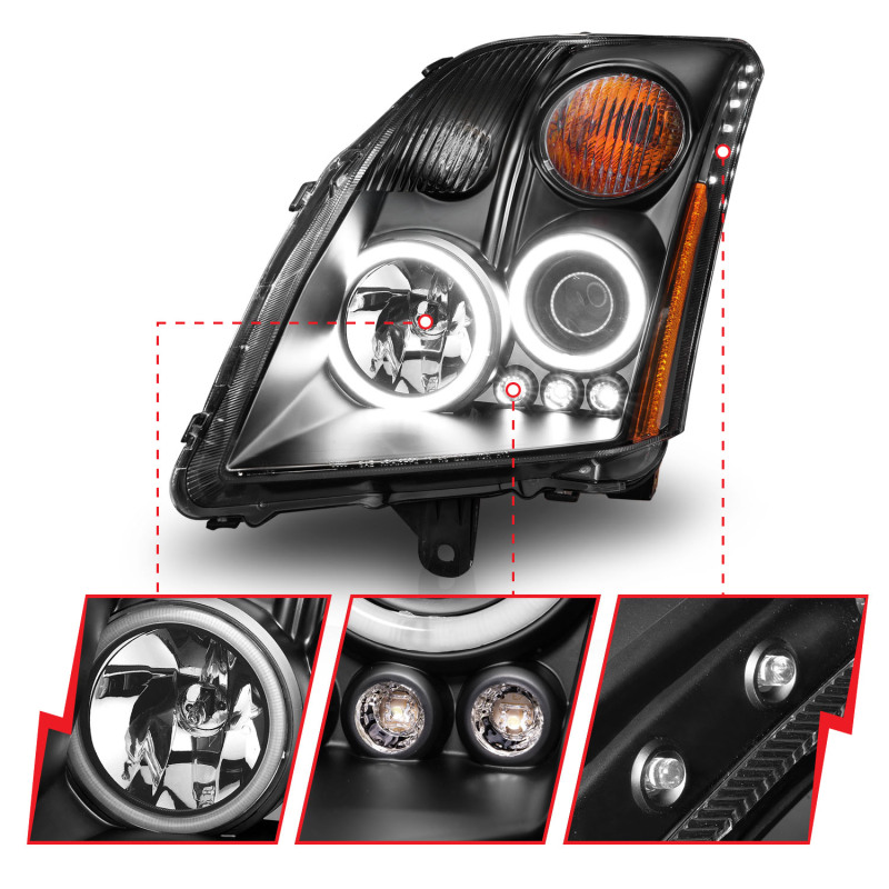 Nissan Sentra Projector Headlights - ANZO - w/Halo, Clear Lens, Black Housing - Black - `07-`12