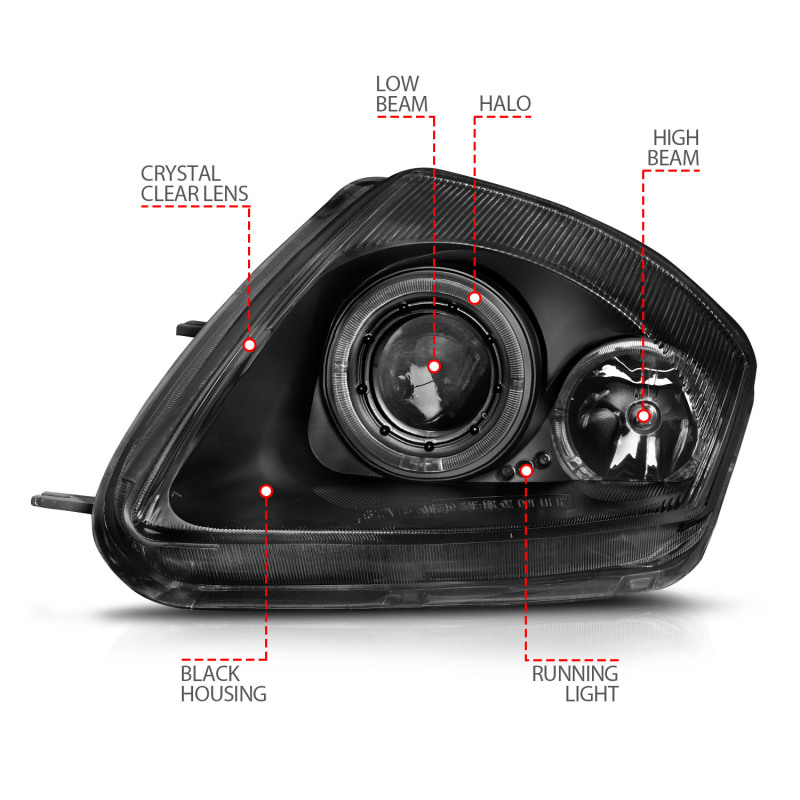 Mitsubishi Eclipse Projector Headlights - ANZO - Halo, Clear Lens, Black Housing - Black - `00-`05