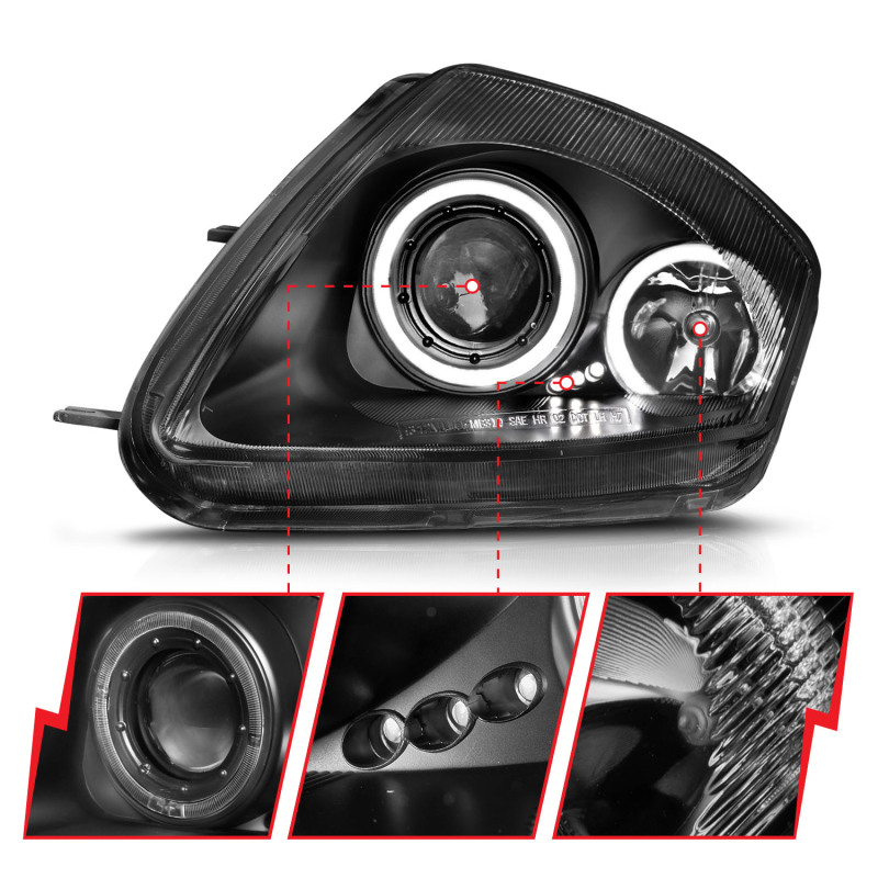 Mitsubishi Eclipse Projector Headlights - ANZO - Halo, Clear Lens, Black Housing - Black - `00-`05