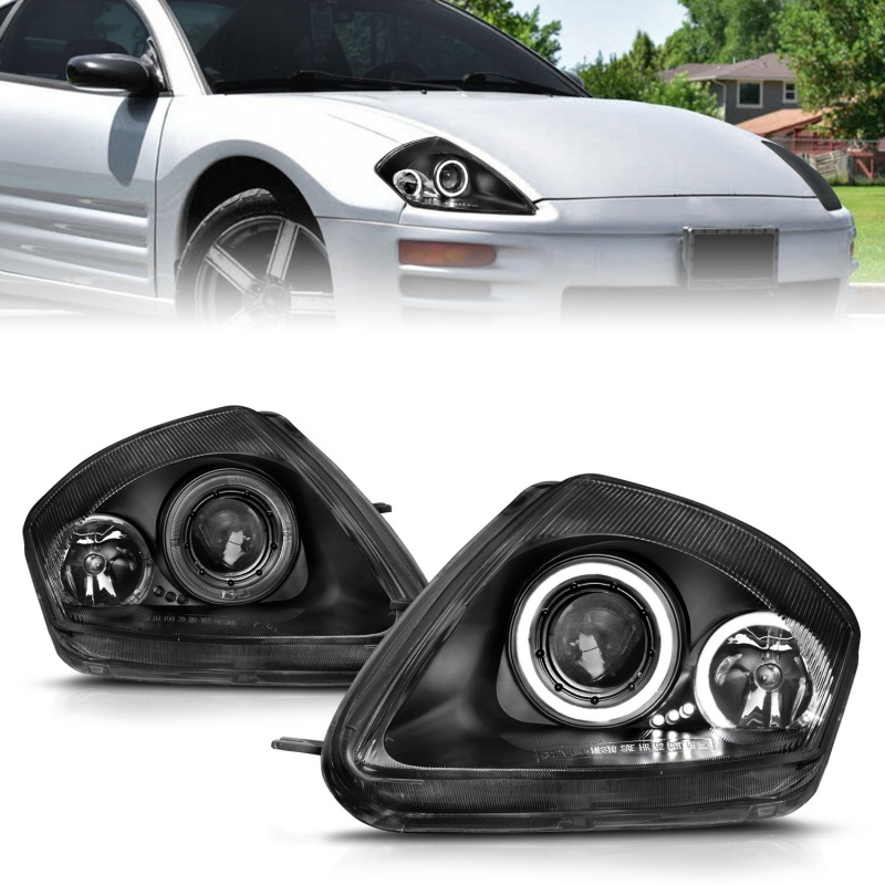 Mitsubishi Eclipse Projector Headlights - ANZO - Halo, Clear Lens, Black Housing - Black - `00-`05