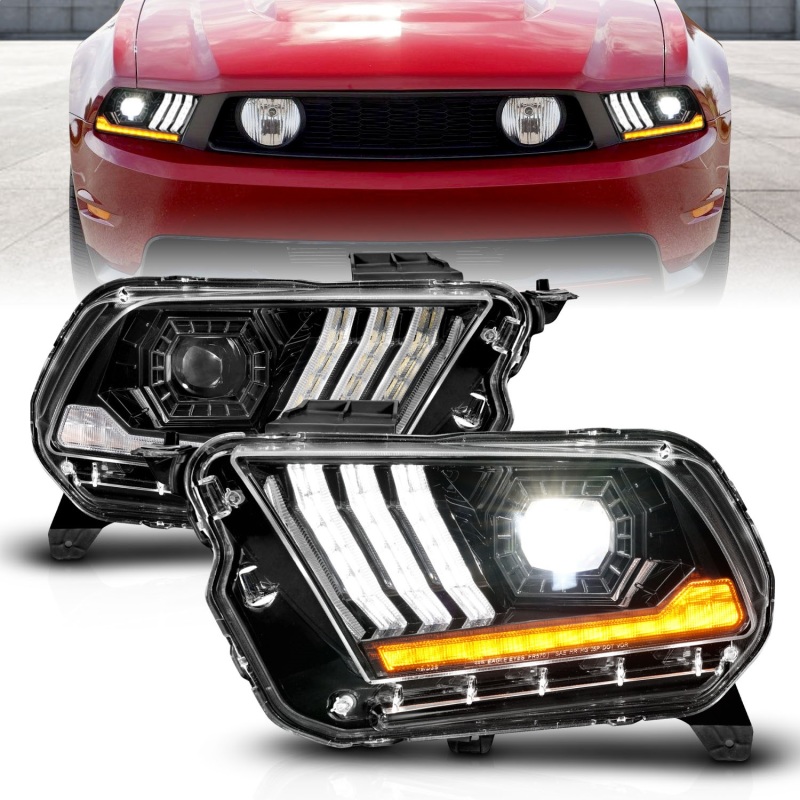 Ford Mustang Projector Headlights - ANZO - LED with Light Tube Sequential - Black - `10-`14
