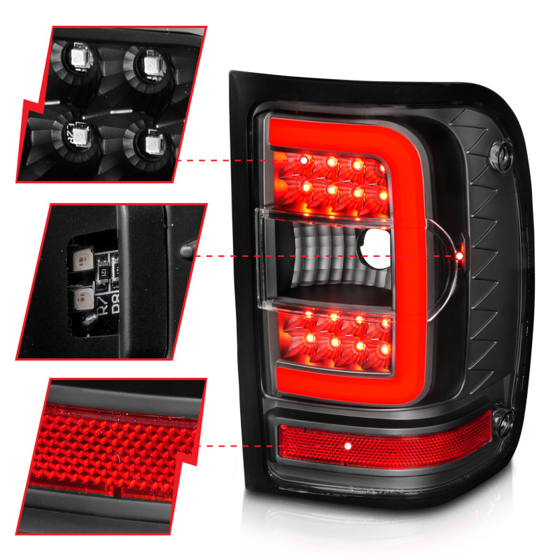 Ford Ranger LED Taillights - Rear - ANZO - w/ Light Bar - Black Housing Clear Lens - `01-`11