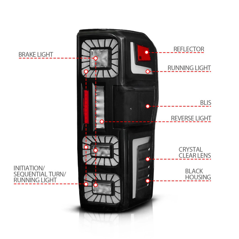 Ford Super Duty LED Taillights - Rear - ANZO - Sequential Signal, Full LED, Initiation Feature - Black - `23-`26