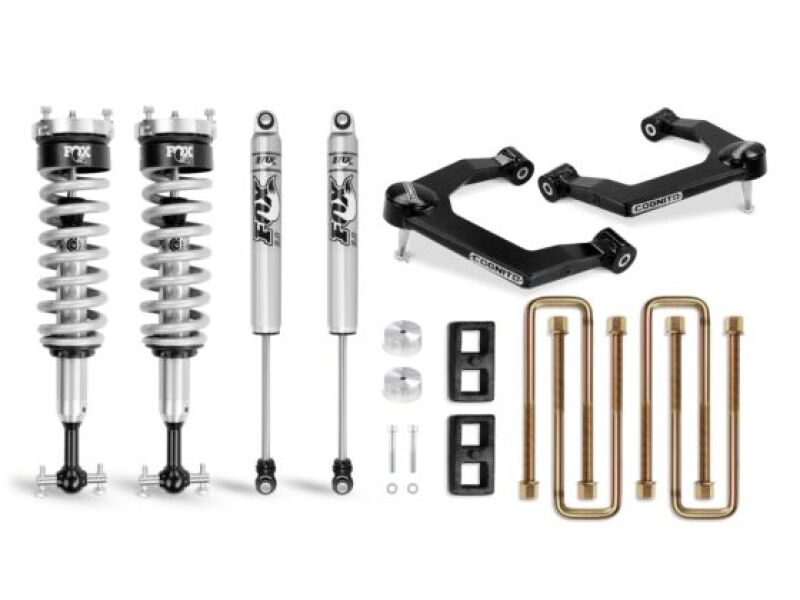 GMC Sierra 1500 Suspension Lift Kit - Front + Rear - Cognito - 3 Inch Performance Ball Joint Leveling + Fox 2.0 Performance Series Coilover - Semi-gloss black - `19-`24