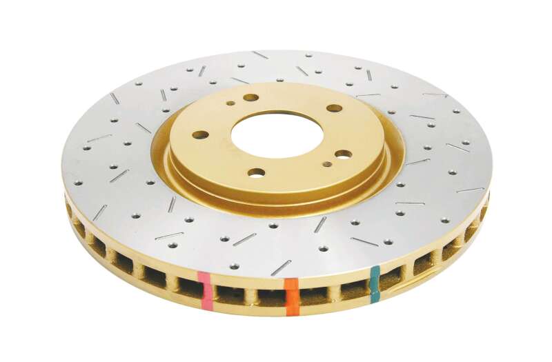Mitsubishi Lancer Evolution Brake Rotor (1) - Front - DBA - 4000 Series XS, Cross Drilled/Slotted - Gold - `03-`05 Mitsubishi Lancer Evolution Brake Rotor (1) - Front - DBA - 4000 Series XS, Cross Drilled/Slotted - Gold - `03-`05