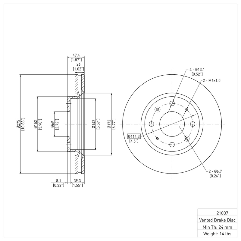 Kia Spectra Brake Rotor (1) - Front - DFC - Plain - `04-`09