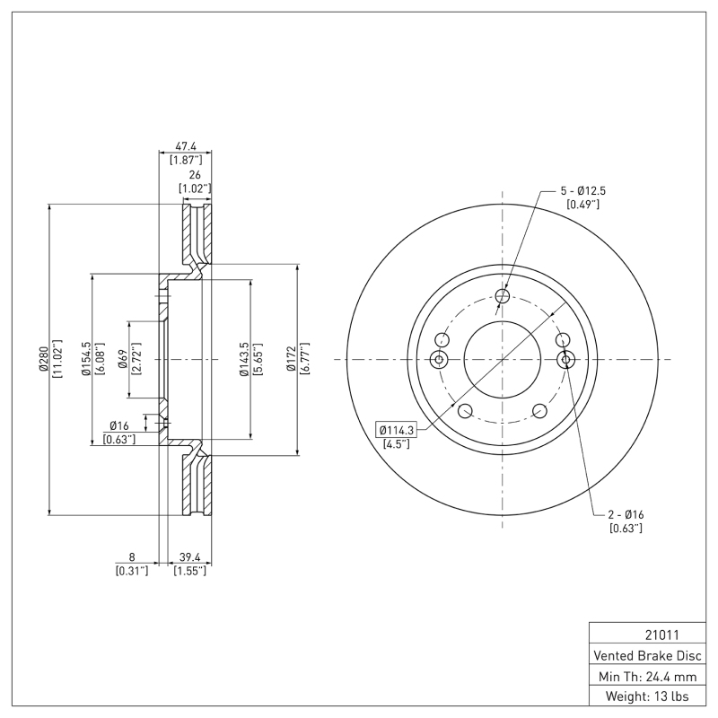 Kia Forte Brake Rotor (1) - Front - DFC - Plain - `10-`13