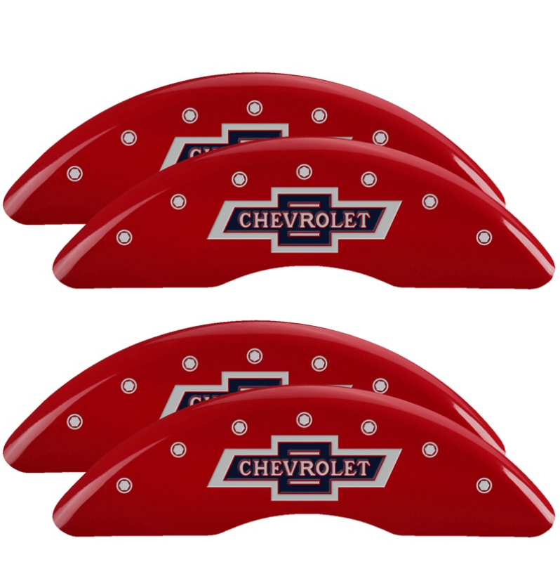Chevrolet Silverado 3500 HD Caliper Covers - Front + Rear - MGP - 100th Anniversary Logo, Silver Characters - Red - `18-`19 Chevrolet Silverado 3500 HD Caliper Covers - Front + Rear - MGP - 100th Anniversary Logo, Silver Characters - Red - `18-`19
