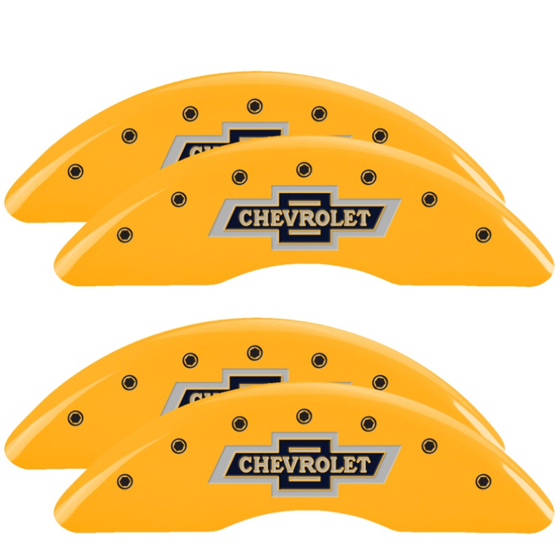 Chevrolet Silverado 2500HD Caliper Covers - Front + Rear - MGP - 100th Anniversary Logo, Black Characters - Yellow - `18-`19 Chevrolet Silverado 2500HD Caliper Covers - Front + Rear - MGP - 100th Anniversary Logo, Black Characters - Yellow - `18-`19